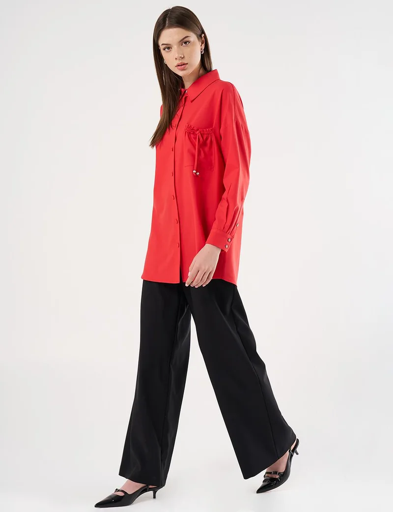 Kayra Lace-Up Back Shirt Collar Tunic, Red
