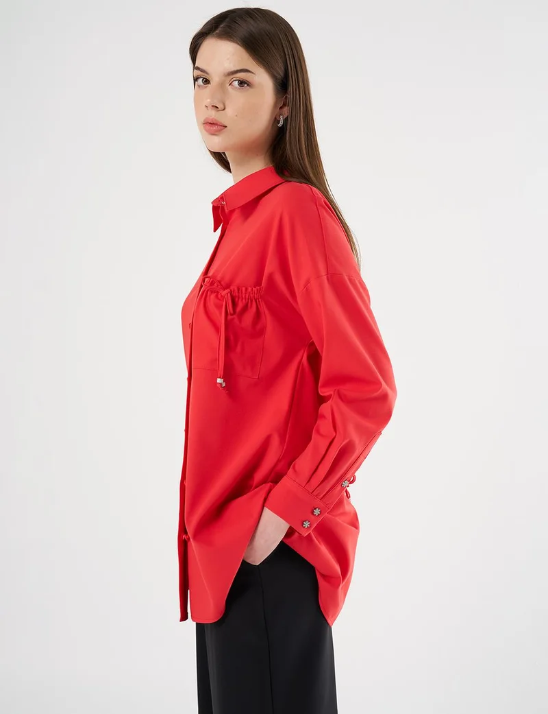Kayra Lace-Up Back Shirt Collar Tunic, Red