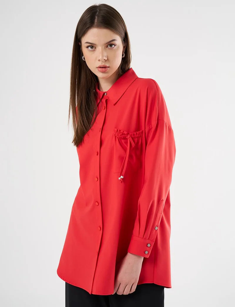 Kayra Lace-Up Back Shirt Collar Tunic, Red