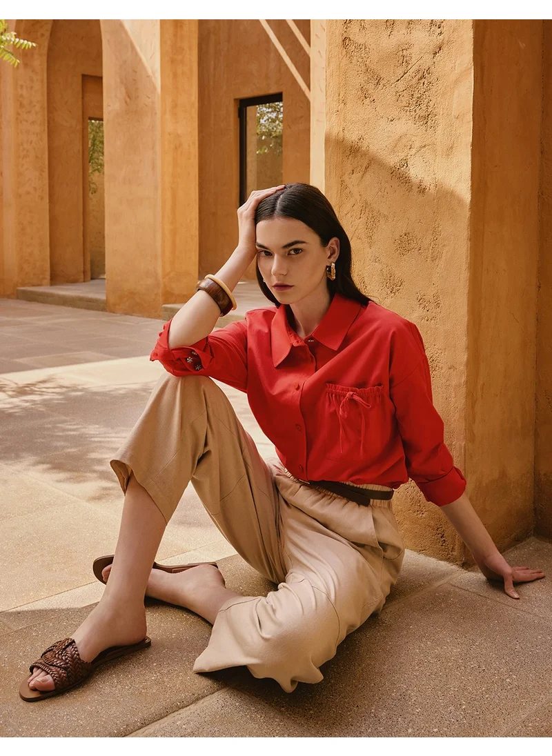 Kayra Lace-Up Back Shirt Collar Tunic, Red