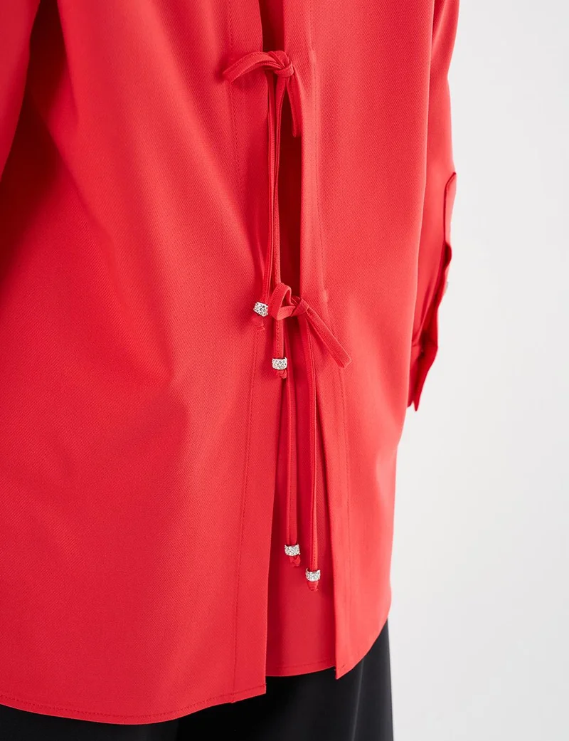 Kayra Lace-Up Back Shirt Collar Tunic, Red