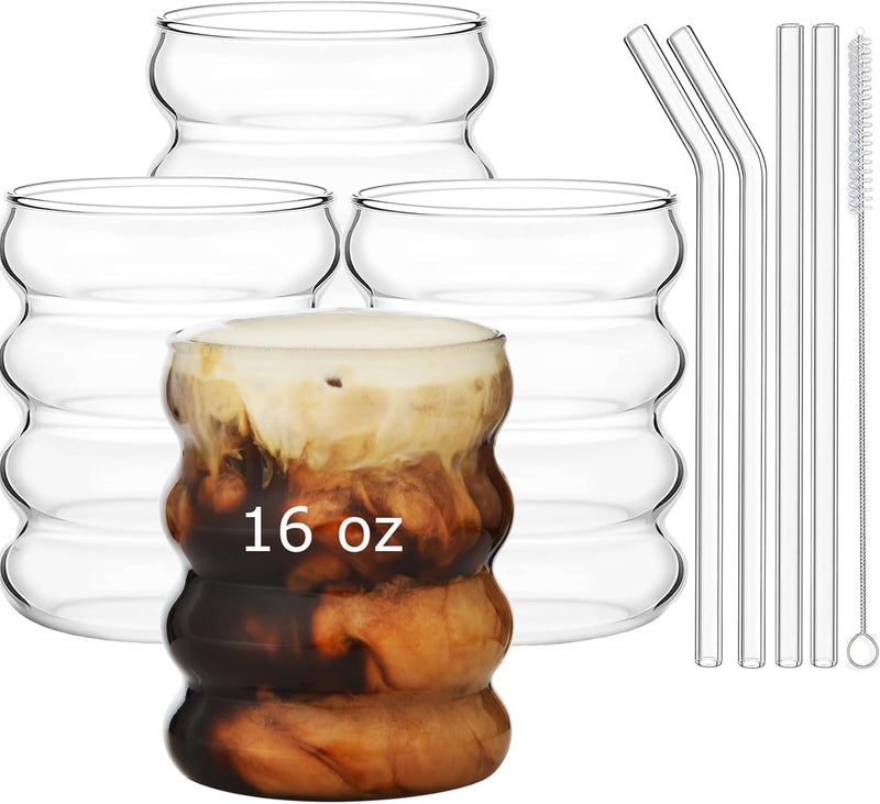 A-Link كؤوس شرب مياه فقاعة سعة 16 أونصة - أكواب زجاجية بشكل متموج لطيف - زجاجات قديمة بتصميم مضلع - كوكتيل، صودا، عصير، قهوة، حليب - مجموعة من 4 - Image 1