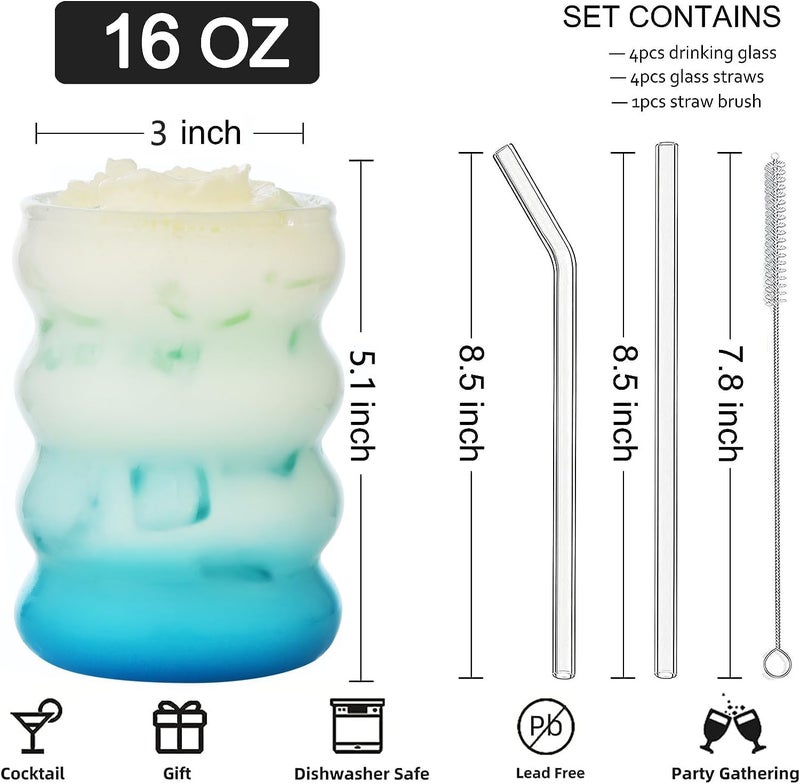 A-Link كؤوس شرب مياه فقاعة سعة 16 أونصة - أكواب زجاجية بشكل متموج لطيف - زجاجات قديمة بتصميم مضلع - كوكتيل، صودا، عصير، قهوة، حليب - مجموعة من 4 - Image 2