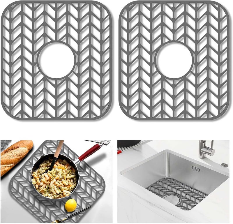 GUUKIN Sink Protectors for Kitchen sink, 12.25"x 11.5" Folding Non-slip Silicone Sink Mat Grid for Bottom of Farmhouse Stainless Steel Porcelain with Central Hole Pack of 2 - Image 1