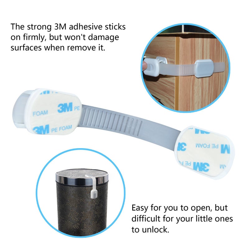OKEFAN Child Safety Cabinet Strap Locks - OKEFAN 12 Pack Baby Proofing Adhesive Latches for Kids Drawer Cupboard Dishwasher Fridge Oven Door No Drill (Grey) - Image 3