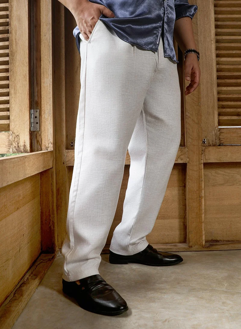 Instafab Plus Instafab Plus Men's Off-White Textured-Woven Cigrette Trousers For Casual Wear | Mid-Rise | Regular Fit | Button Closure | Plus Size Trousers Crafted With Comfort Fit For Everyday Wear