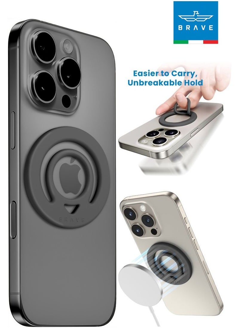 Brave Dual-Sided Magnetic Ring Holder - Durable Silicone Phone Grip with MagSafe Technology, Wireless Charging Compatible - Magnetic Phone Ring Compatible with iPhone 16, 15, 14, 13, 12 (Pro, Max, Plus), Samsung Galaxy 25, 24, 23, 22 and Other Series, Plus Other Phones with Metal Plate Attachment - Secure Grip and Hands-Free Stand (Dark Gray)  - Image 1