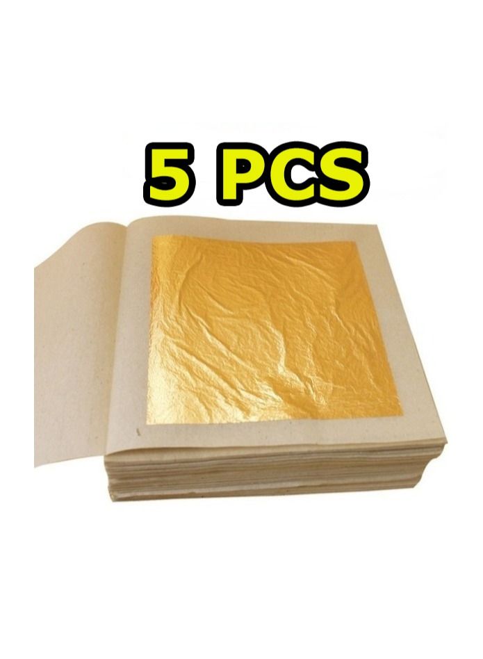 5 ورقات من ورق الذهب النقي الأصلي، ورقة ورق الذهب للفنون والحرف، لون ذهبي، حجم 3x3 سم - Image 1