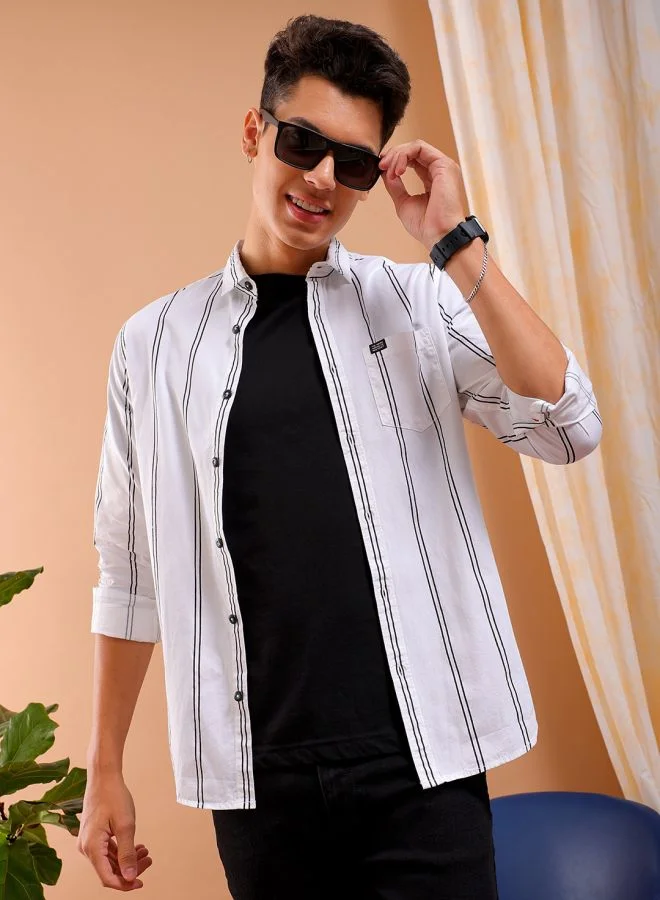 The Indian Garage Co Men Slim Fit Striped Full Sleeves Cutaway Collar Casual Shirt