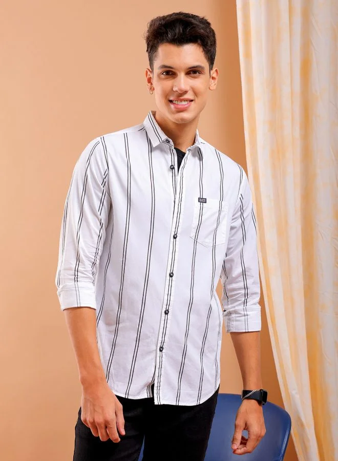 The Indian Garage Co Men Slim Fit Striped Full Sleeves Cutaway Collar Casual Shirt