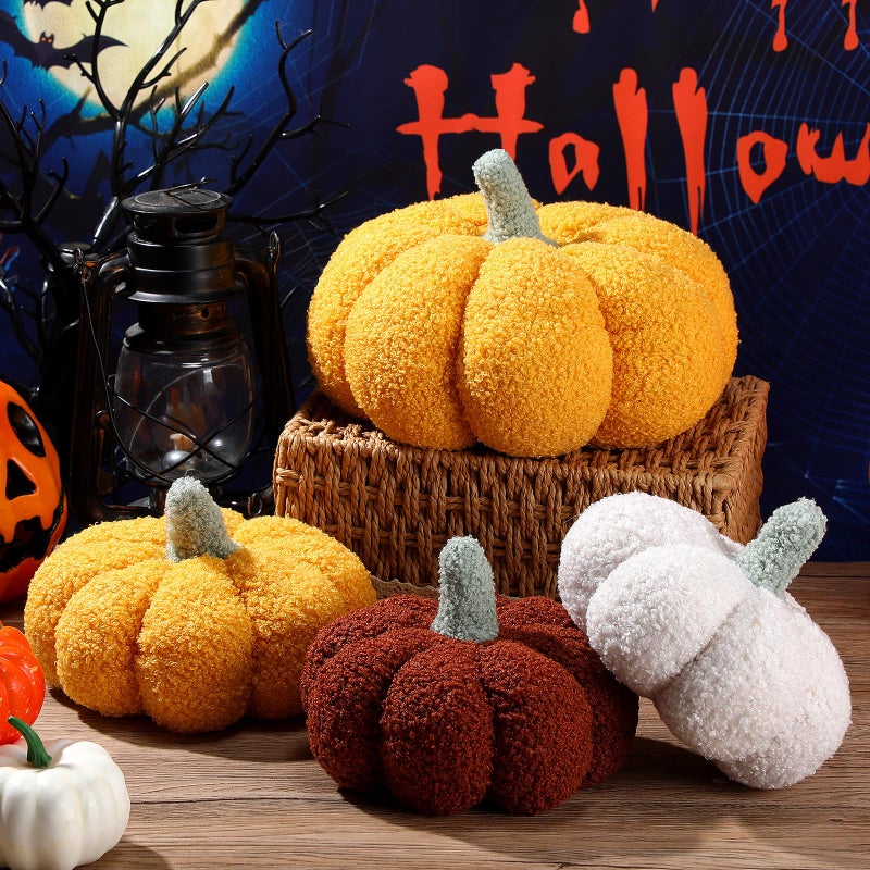 Kajaia 4 Pcs Pumpkin Throw Pillow Cushion 3D Thanksgiving Pillow Fall Pumpkin Pillow Fluffy Stuffed Pillow Plush Pillow for Thanksgiving Bedroom Sofa Supplies 11 Inches  7 Inches(White  Yellow  Brown  Pink) - Image 3