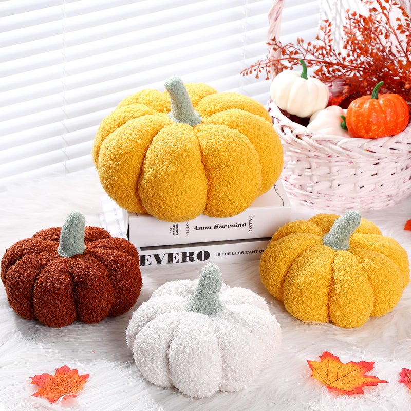 Kajaia 4 Pcs Pumpkin Throw Pillow Cushion 3D Thanksgiving Pillow Fall Pumpkin Pillow Fluffy Stuffed Pillow Plush Pillow for Thanksgiving Bedroom Sofa Supplies 11 Inches  7 Inches(White  Yellow  Brown  Pink) - Image 5