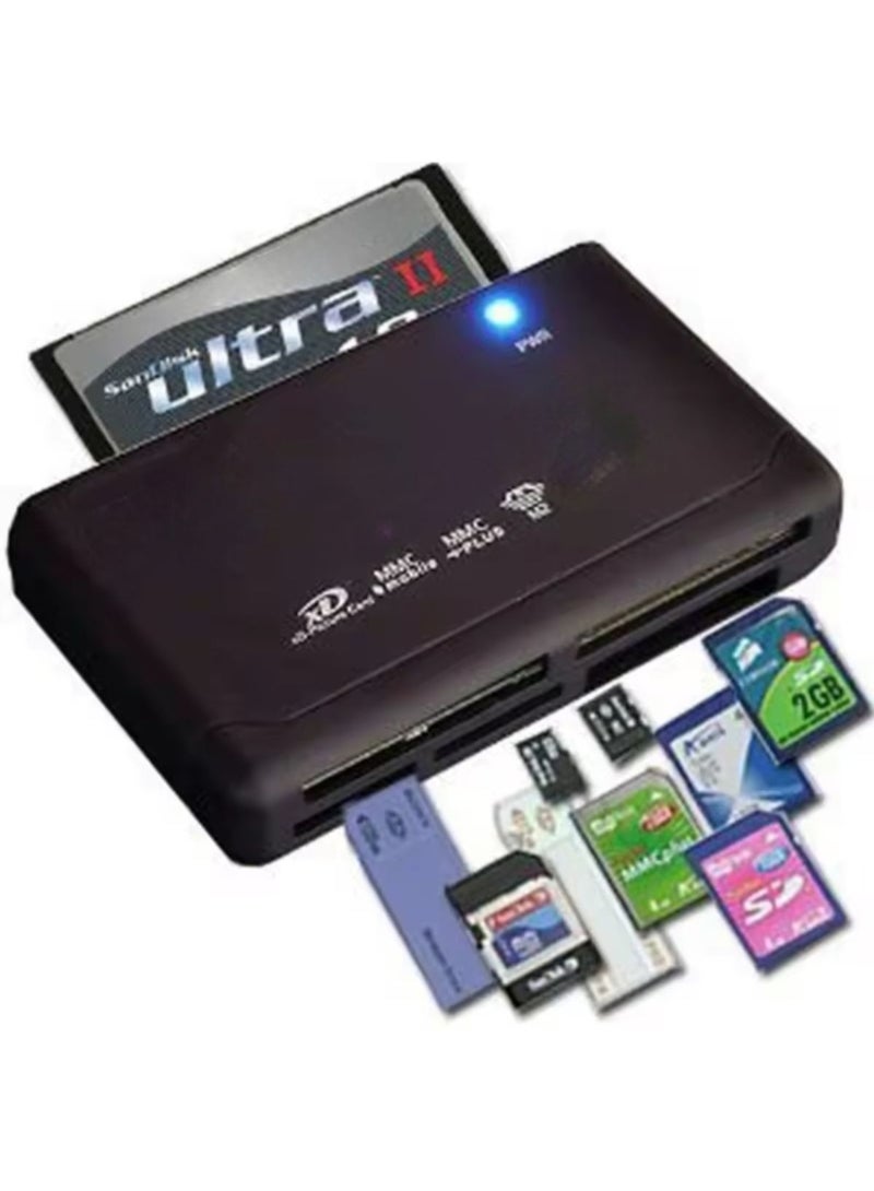 A data card reader for memory cards, storage cards, external memory, and Sony camera memory. The device is small, portable, and easy to use. It has fast switching between card transfers. For plug and play, it uses a USB power source. The device has a small light when the cards are turned on, which is useful for editing photos and files. The data transfer rate is up to (480 MB/s) and the data transfer bandwidth is up to 12 Mbps. The device supports 21 types of cards: A CF / CFII / UItra C / MD B SD / Mini-SD / SD MMC / MMCII / Ultra MMC / RS MMC DXD E MS / MS-MG F T-Flash. The device is accompanied by a cable with a length of 49 cm. The device measures 6.8 cm and is 4 cm wide.  - Image 4