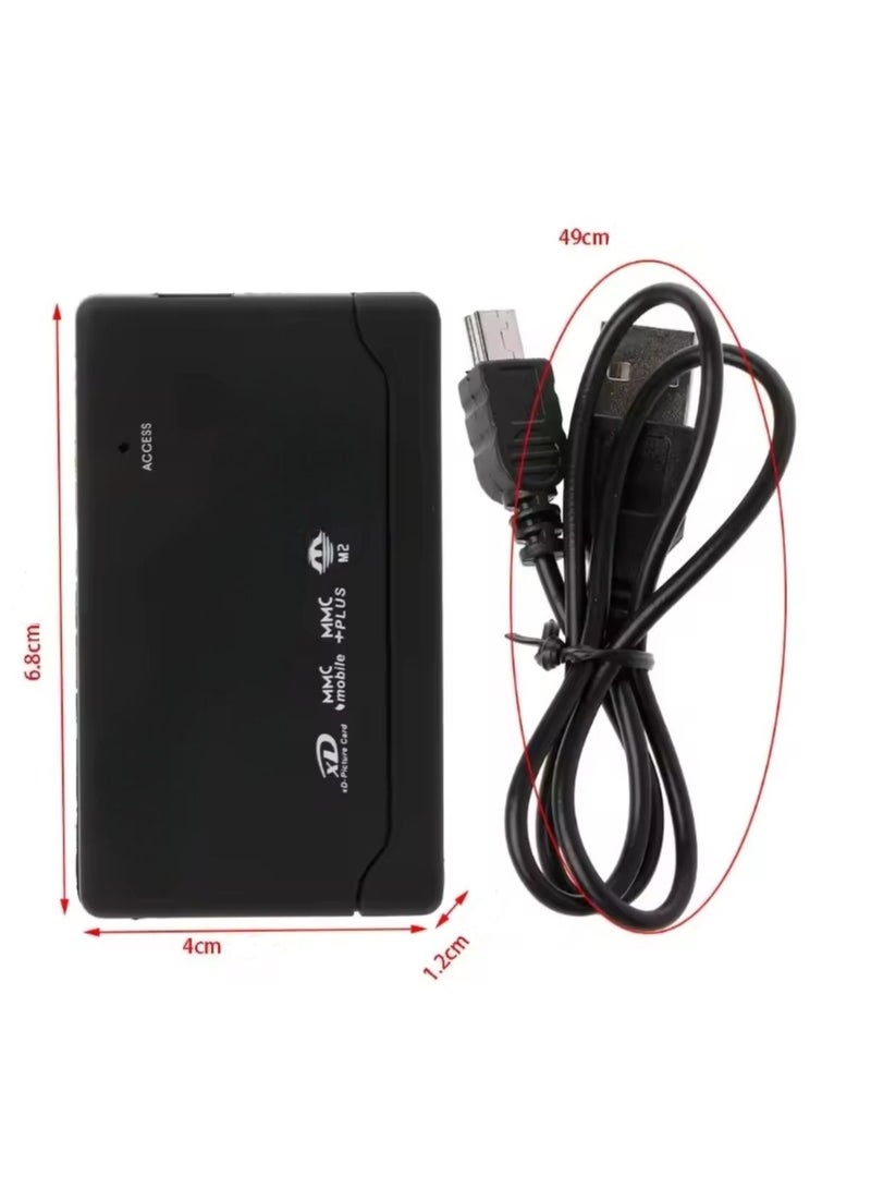 A data card reader for memory cards, storage cards, external memory, and Sony camera memory. The device is small, portable, and easy to use. It has fast switching between card transfers. For plug and play, it uses a USB power source. The device has a small light when the cards are turned on, which is useful for editing photos and files. The data transfer rate is up to (480 MB/s) and the data transfer bandwidth is up to 12 Mbps. The device supports 21 types of cards: A CF / CFII / UItra C / MD B SD / Mini-SD / SD MMC / MMCII / Ultra MMC / RS MMC DXD E MS / MS-MG F T-Flash. The device is accompanied by a cable with a length of 49 cm. The device measures 6.8 cm and is 4 cm wide.  - Image 3