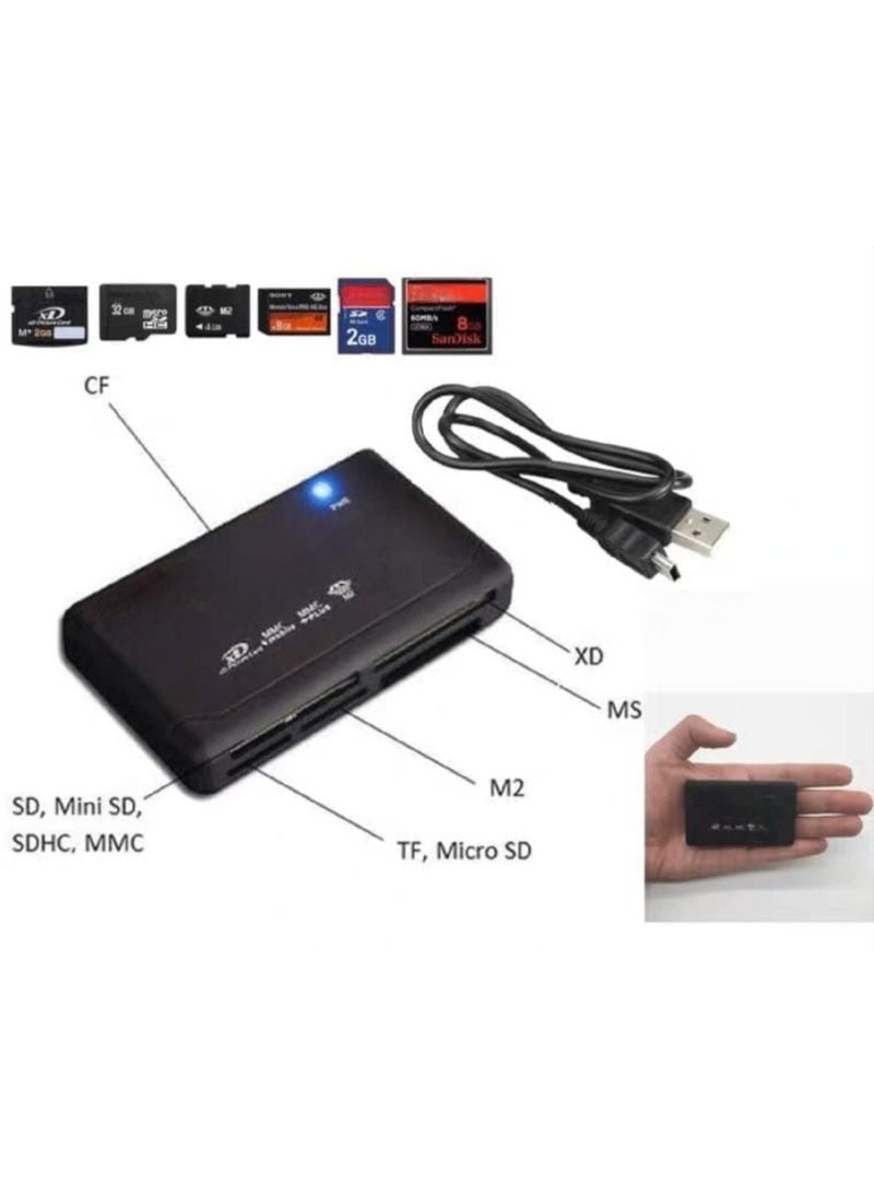 A data card reader for memory cards, storage cards, external memory, and Sony camera memory. The device is small, portable, and easy to use. It has fast switching between card transfers. For plug and play, it uses a USB power source. The device has a small light when the cards are turned on, which is useful for editing photos and files. The data transfer rate is up to (480 MB/s) and the data transfer bandwidth is up to 12 Mbps. The device supports 21 types of cards: A CF / CFII / UItra C / MD B SD / Mini-SD / SD MMC / MMCII / Ultra MMC / RS MMC DXD E MS / MS-MG F T-Flash. The device is accompanied by a cable with a length of 49 cm. The device measures 6.8 cm and is 4 cm wide.  - Image 2