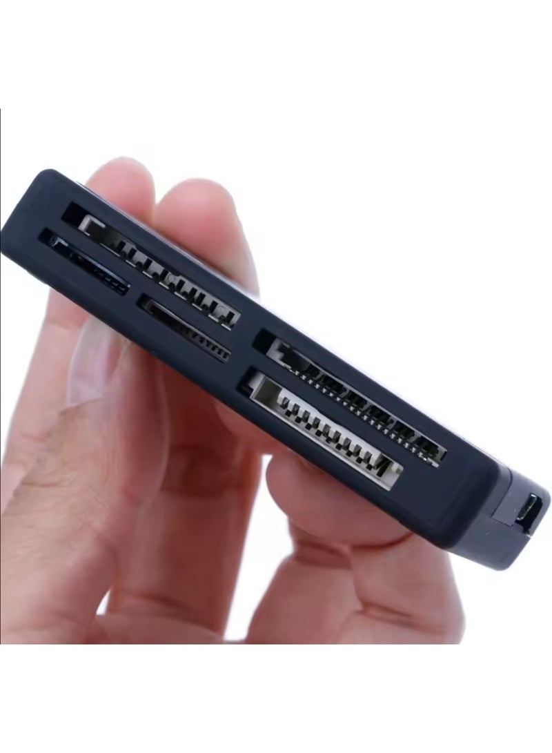 A data card reader for memory cards, storage cards, external memory, and Sony camera memory. The device is small, portable, and easy to use. It has fast switching between card transfers. For plug and play, it uses a USB power source. The device has a small light when the cards are turned on, which is useful for editing photos and files. The data transfer rate is up to (480 MB/s) and the data transfer bandwidth is up to 12 Mbps. The device supports 21 types of cards: A CF / CFII / UItra C / MD B SD / Mini-SD / SD MMC / MMCII / Ultra MMC / RS MMC DXD E MS / MS-MG F T-Flash. The device is accompanied by a cable with a length of 49 cm. The device measures 6.8 cm and is 4 cm wide.  - Image 5