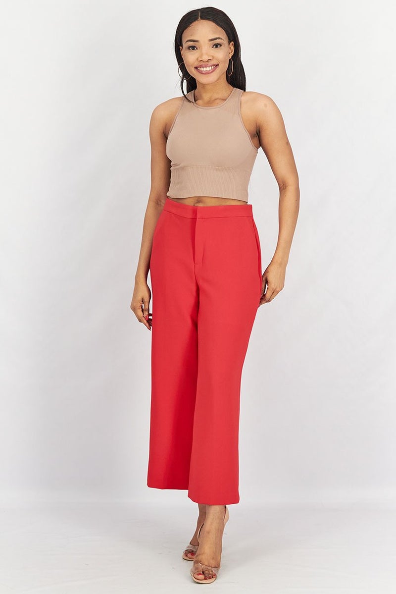 Tchibo Women Regular Fit Solid Wide Leg Woven Pants, Red  - Image 4