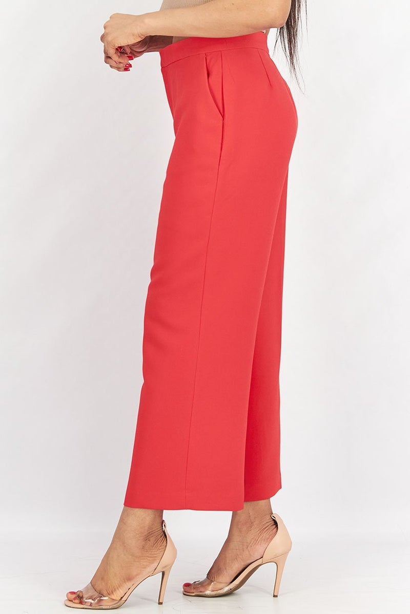 Tchibo Women Regular Fit Solid Wide Leg Woven Pants, Red  - Image 2