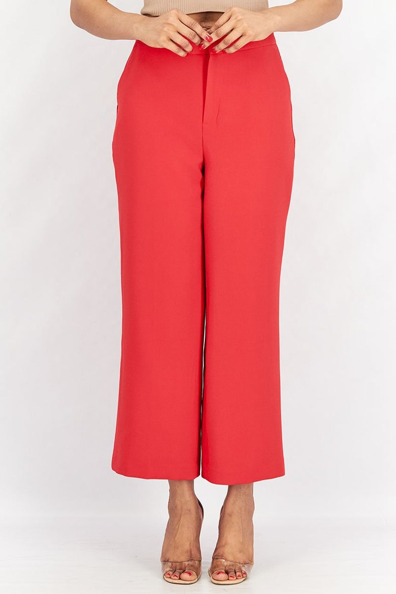 Tchibo Women Regular Fit Solid Wide Leg Woven Pants, Red  - Image 1