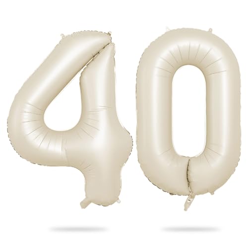 Biapian بالون رقم 40 كريمي 40 بوصة بالونات عيد الميلاد الأربعين بالونات رقمية كبيرة 40 بالون عملاق كريمي أبيض بالون فويل هليوم للرجال والنساء لزينة عيد الميلاد الأربعين ومستلزمات حفلات الاستحمام للأطفال - Image 1