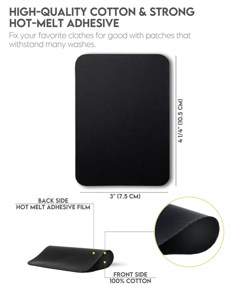 ZEFFFKA Premium Quality Fabric Iron-on Patches Inside & Outside Strongest Glue 100% Cotton Black Repair Decorating Kit 12 Pieces Size 3" by 4-1/4" (7.5 cm x 10.5 cm) - Image 3