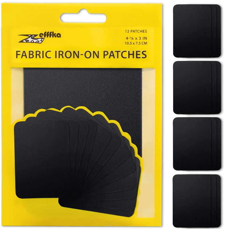 ZEFFFKA Premium Quality Fabric Iron-on Patches Inside & Outside Strongest Glue 100% Cotton Black Repair Decorating Kit 12 Pieces Size 3" by 4-1/4" (7.5 cm x 10.5 cm) - Image 1