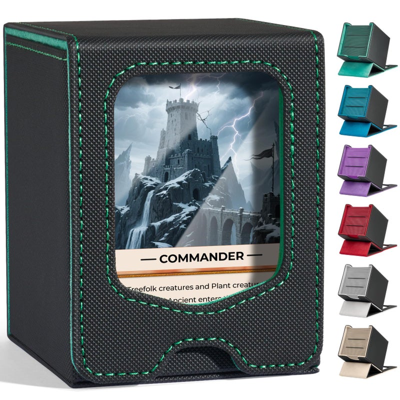 Fabmaker Deck Box Compatible with MTG Commander, (patent Pending) Magnetic Trading Card Storage Box with Commander, Fits 100 Double-Sleeved Cards, Card Box Compatible with Magic the Gathering, Green - Image 1