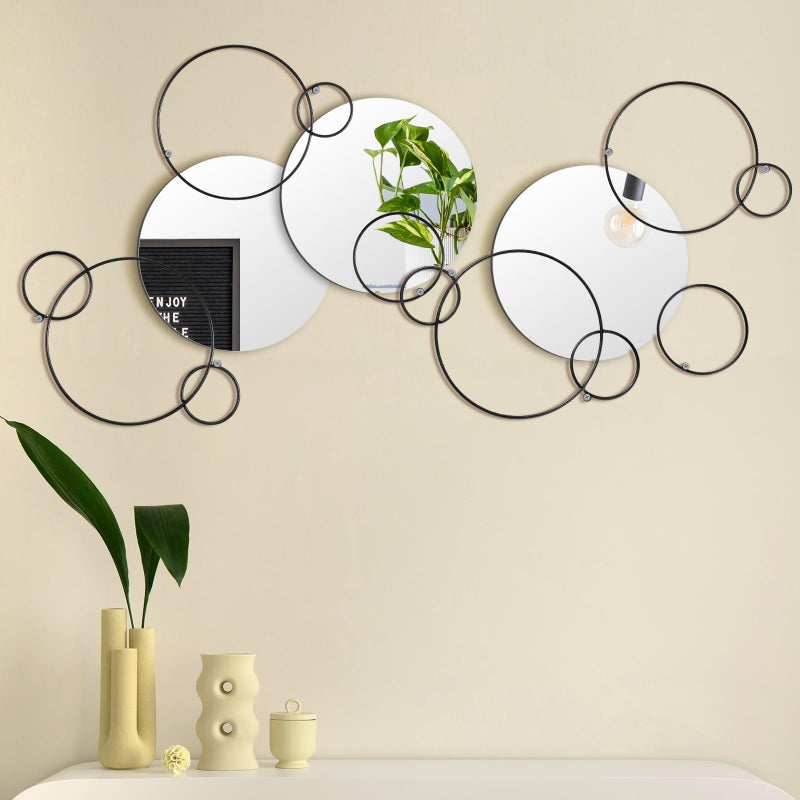 Hicarer 9 Pcs Split Decorative Wall Mirror Modern Black Wall Decor DIY Metal Wall Mirrors for Living Room Decor Circle Plates Overlapping Decorations Wall Decor Set for Hallway Entryway - Image 2
