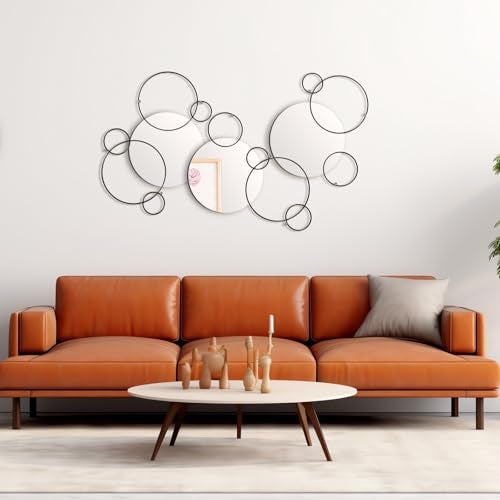 Hicarer 9 Pcs Split Decorative Wall Mirror Modern Black Wall Decor DIY Metal Wall Mirrors for Living Room Decor Circle Plates Overlapping Decorations Wall Decor Set for Hallway Entryway - Image 3