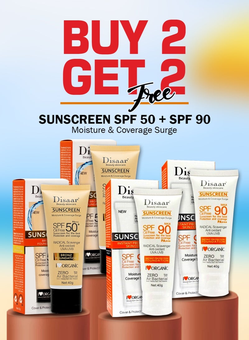 Disaar Buy 2 Get 2 Original Disaar Sunscreen SPF 90 PA+++ and Disaar Bronz Foundation Sunscreen SPF 50 PA+++ Oil Free Lightweight Waterproof UV Protection for Face and Body Daily Use All Skin Types - Image 1