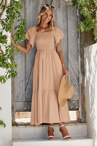 MASCOMODA Womens Summer Casual Midi Dress Square Neck Ruffle Short Sleeve Smocked High Waist A Line Wedding Guest Dresses(Khaki,Medium) - Image 3