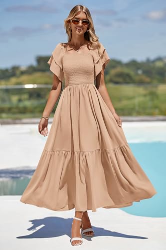 MASCOMODA Womens Summer Casual Midi Dress Square Neck Ruffle Short Sleeve Smocked High Waist A Line Wedding Guest Dresses(Khaki,Medium) - Image 5