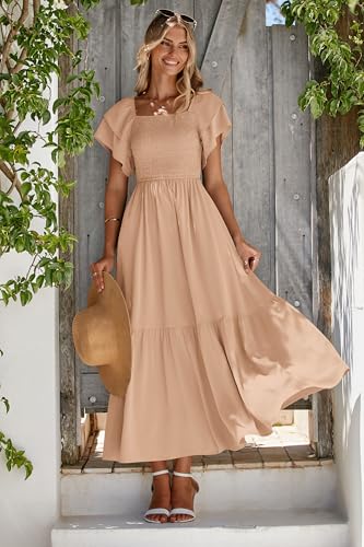 MASCOMODA Womens Summer Casual Midi Dress Square Neck Ruffle Short Sleeve Smocked High Waist A Line Wedding Guest Dresses(Khaki,Medium) - Image 2