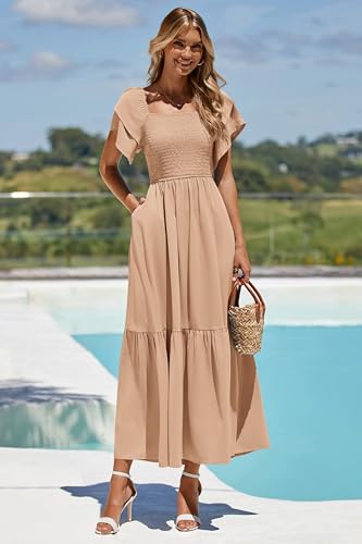 MASCOMODA Womens Summer Casual Midi Dress Square Neck Ruffle Short Sleeve Smocked High Waist A Line Wedding Guest Dresses(Khaki,Medium) - Image 4