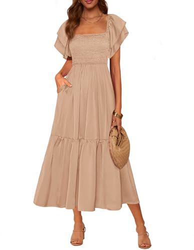 MASCOMODA Womens Summer Casual Midi Dress Square Neck Ruffle Short Sleeve Smocked High Waist A Line Wedding Guest Dresses(Khaki,Medium) - Image 1