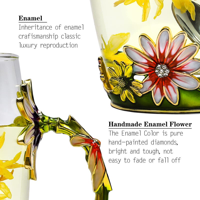 DUMVOIN Glass Fancy Tea Cup Set Birthday Christmas Valentine's Day Gift Idea for Tea Lover and Women Novelty Coffee Mugs Rose Flower Enamel Glass Mug with Spoon Set - Image 5