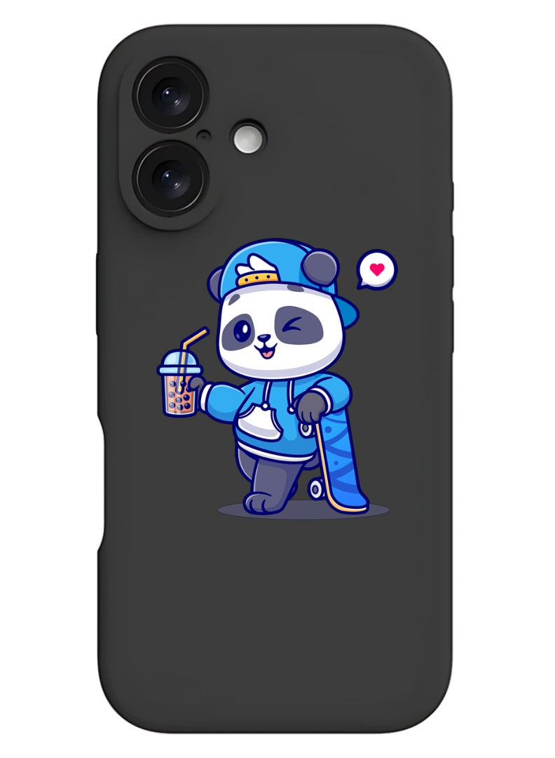 Theodor iPhone 16 Plus Black Protective Slim Fit Case Liquid Silicone Cover with Full Body Protection Anti-Scratch Shockproof Case For iPhone - Panda having Drink - Image 1