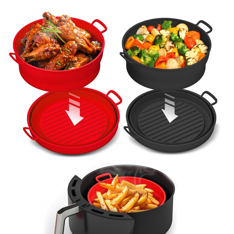 Collapsible Silicone Air Fryer Basket Liners Pot  AirFryer Liners Reusable Bowls for 5 Quart or Bigger As Seen on the Today Show  Air Fryer Accessories 2 Pack  Round Silicone Liners Red  Black