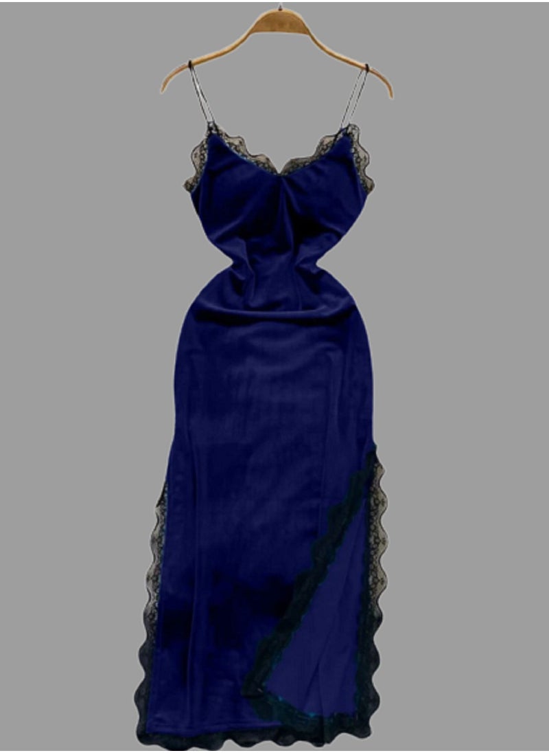 Generic - Long women's sleepwear with side slits, made of velvet with lace edges - Image 1