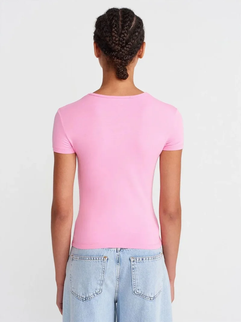 Dilvin DILVIN Women’s Crop Slim-fit Crew Neck T-shirt