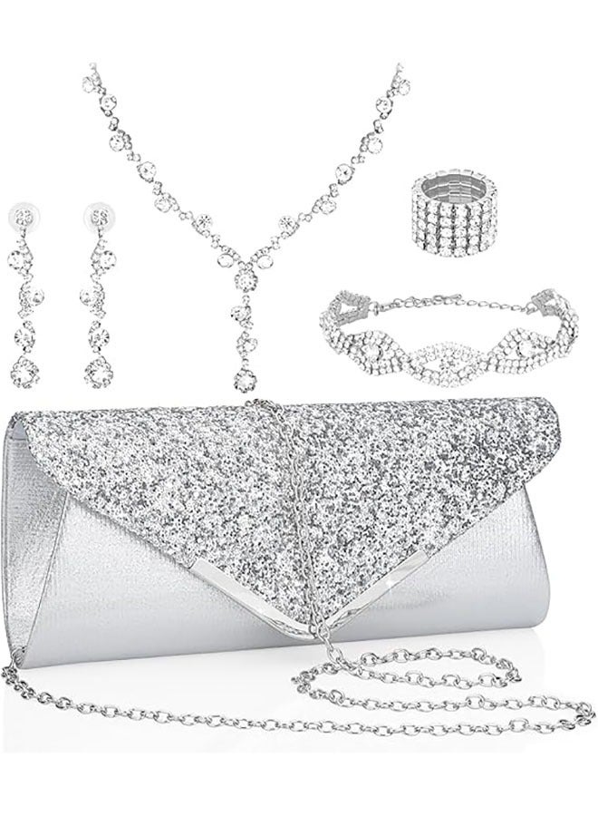 Arabest 5 Pcs Purse Rhinestones Jewelry Set for Women,Rhinestones Necklace Bracelet Earrings Bling Clutch Purse Bride Prom Evening Jewelry Set for Wedding,Party,Anniversary,Valentine's Day  - Image 1
