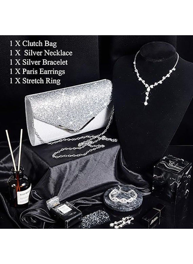 Arabest 5 Pcs Purse Rhinestones Jewelry Set for Women,Rhinestones Necklace Bracelet Earrings Bling Clutch Purse Bride Prom Evening Jewelry Set for Wedding,Party,Anniversary,Valentine's Day  - Image 4