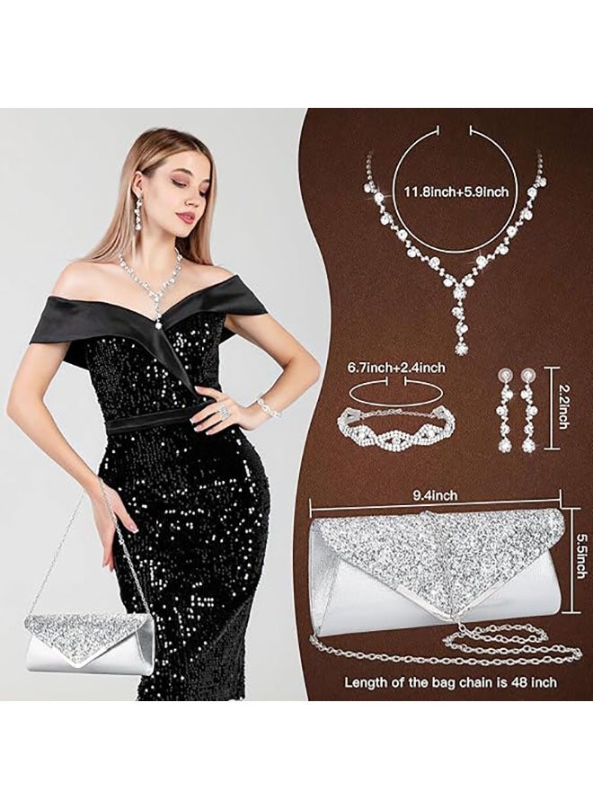 Arabest 5 Pcs Purse Rhinestones Jewelry Set for Women,Rhinestones Necklace Bracelet Earrings Bling Clutch Purse Bride Prom Evening Jewelry Set for Wedding,Party,Anniversary,Valentine's Day  - Image 3