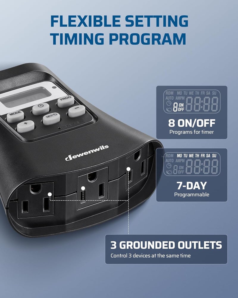 DEWENWILS Outdoor Digital Timer for Lights, 7-Day Programmable Plug in Timer with 3 Grounded Outlets for Christmas Landscape String Light, 15A, 1/3 HP UL Listed - Image 4