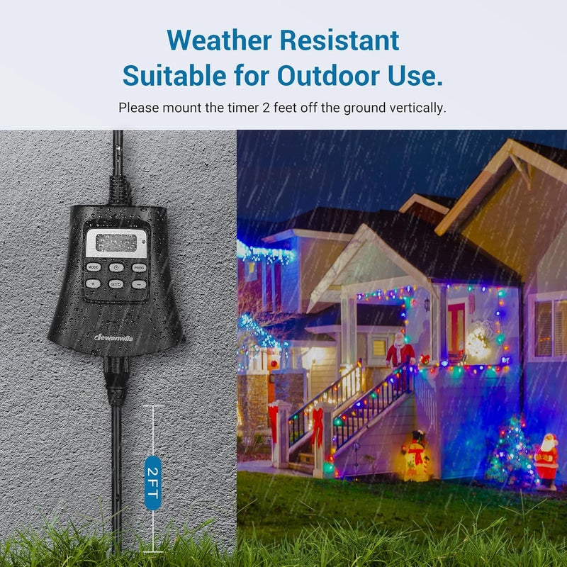 DEWENWILS Outdoor Digital Timer for Lights, 7-Day Programmable Plug in Timer with 3 Grounded Outlets for Christmas Landscape String Light, 15A, 1/3 HP UL Listed - Image 2