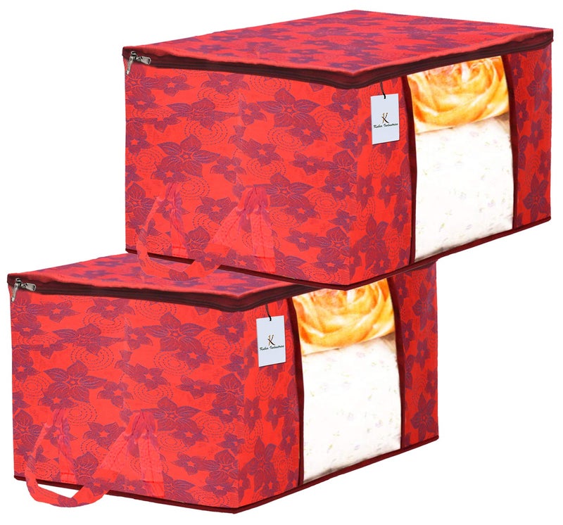Kuber Industries Kuber Industries Metallic Printed Non Woven Rectangular Underbed Storage Bag Organiser Blanket Cover with Transparent Window 2 Pieces Extra Large Red CTKTC034462  - Image 1