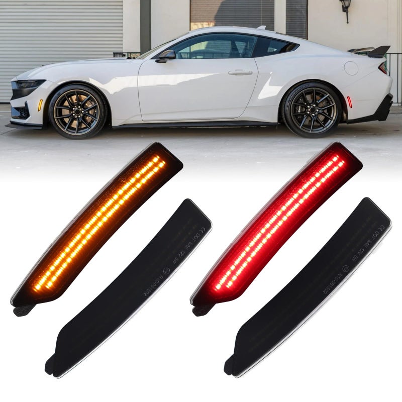 FetonAuto Smoked Lens Amber Red LED Side Marker Lights for 2024 2025 Ford Mustang S650 Dark Horse EcoBoost GT GTD 4PCS Front Rear Bumper Signal Light - Image 2