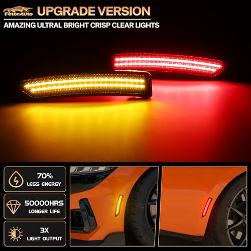FetonAuto Smoked Lens Amber Red LED Side Marker Lights for 2024 2025 Ford Mustang S650 Dark Horse EcoBoost GT GTD 4PCS Front Rear Bumper Signal Light - Image 3