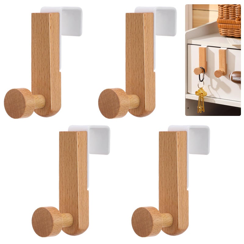 Fiwochic 4 Pcs Wooden Cubicle Hooks 3 Inch Over The Cabinets Door Towel Holder Heavy Duty Wood White Coat Hangers Natural Rustic Steel Wooden Hook for Wardrobe Cupboard Drawer Kitchen Bathroom