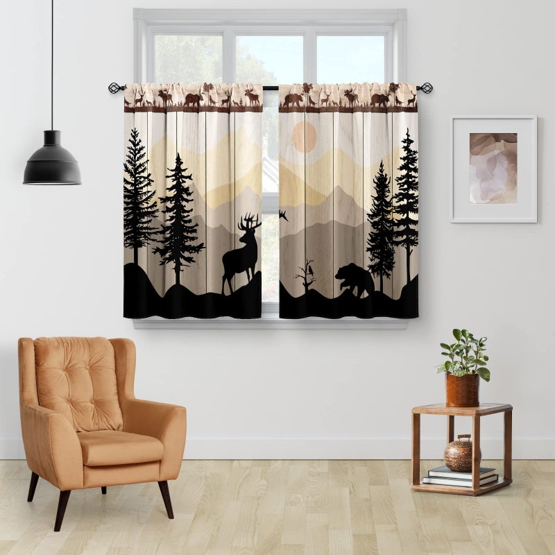 Aimego Kitchen Curtains - Forest Sunset Country Rustic Farmhouse Short Cafe Tier Curtains for Dining Room, Sink, Retro Tree Bear Deer Rod Pocket Window Drapes, 36 Inch Length, 2 Panels - Image 2